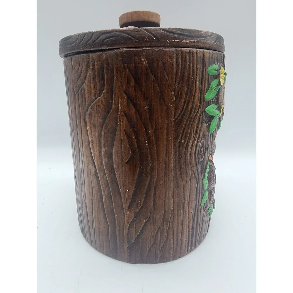 Vintage Treasure Craft Flour Canister Owl Tree Trunk Ceramic Wood Grain USA